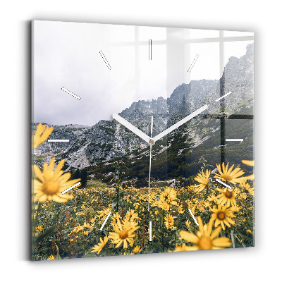 Square glass wall clock Meadow flowers in the mountains