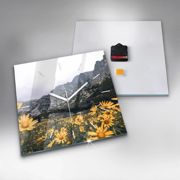 Square glass wall clock Meadow flowers in the mountains