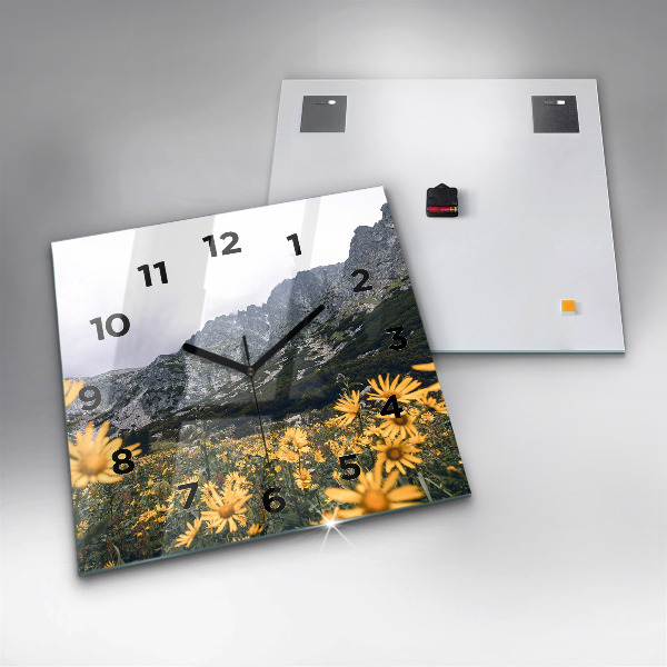 Square glass wall clock Meadow flowers in the mountains