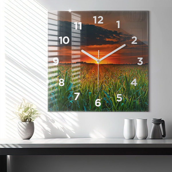 Square glass wall clock Sunflowers in the meadow