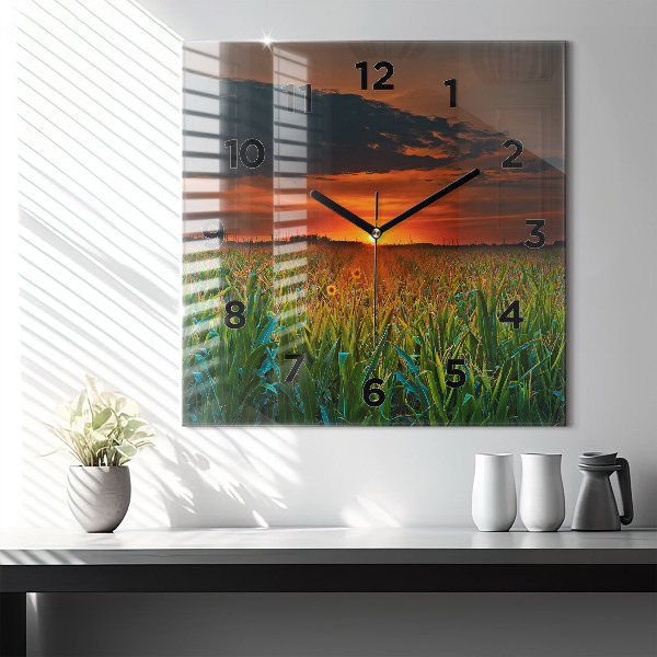 Square glass wall clock Sunflowers in the meadow
