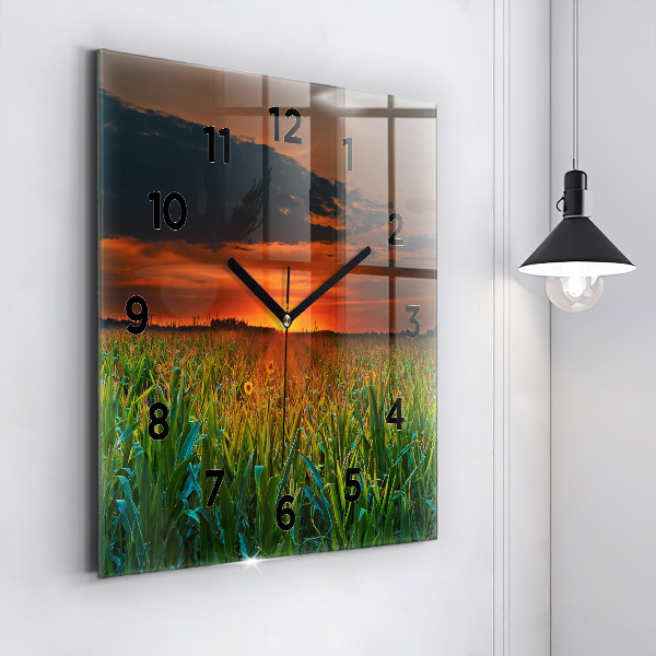 Square glass wall clock Sunflowers in the meadow