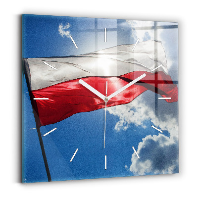 Square glass wall clock The Polish flag against the sky