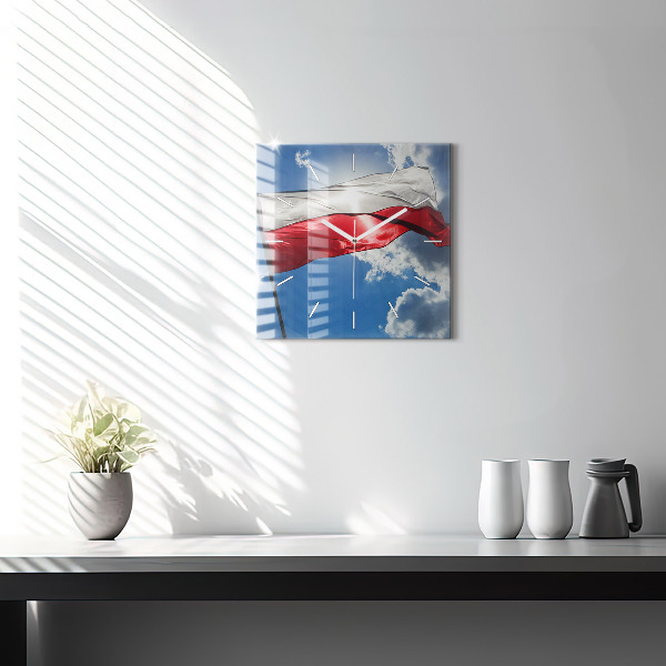 Square glass wall clock The Polish flag against the sky