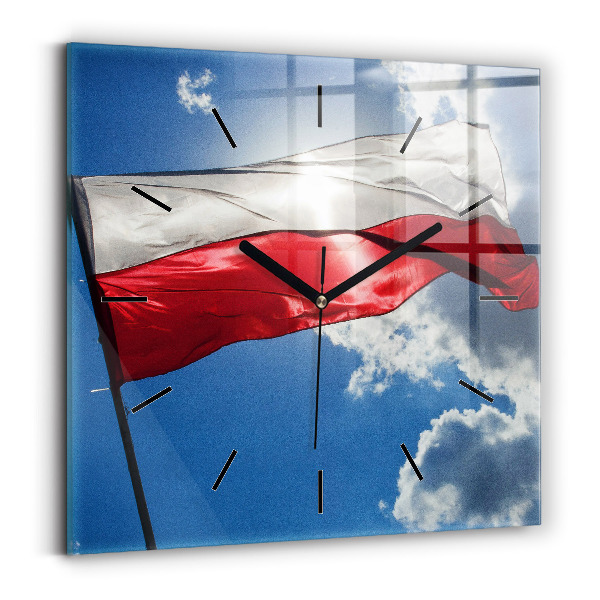 Square glass wall clock The Polish flag against the sky