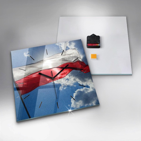 Square glass wall clock The Polish flag against the sky