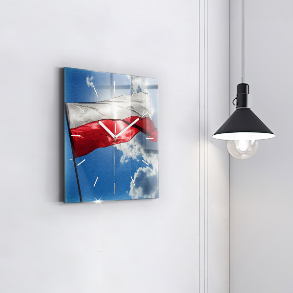 Square glass wall clock The Polish flag against the sky