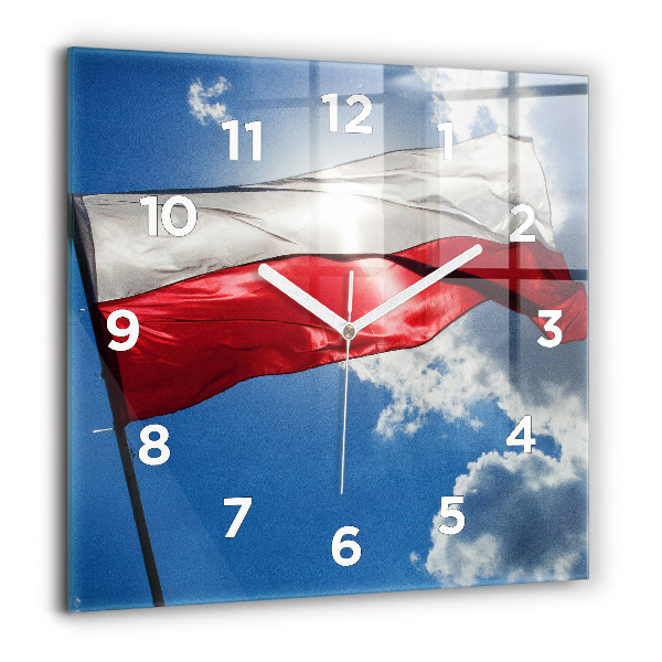 Square glass wall clock The Polish flag against the sky