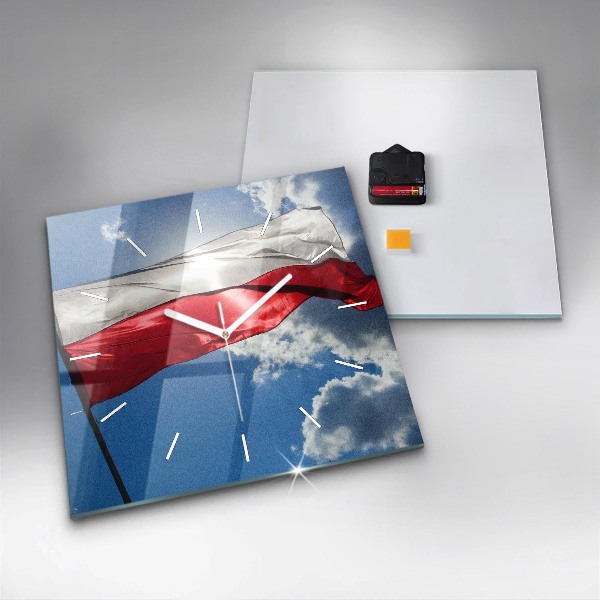Square glass wall clock The Polish flag against the sky