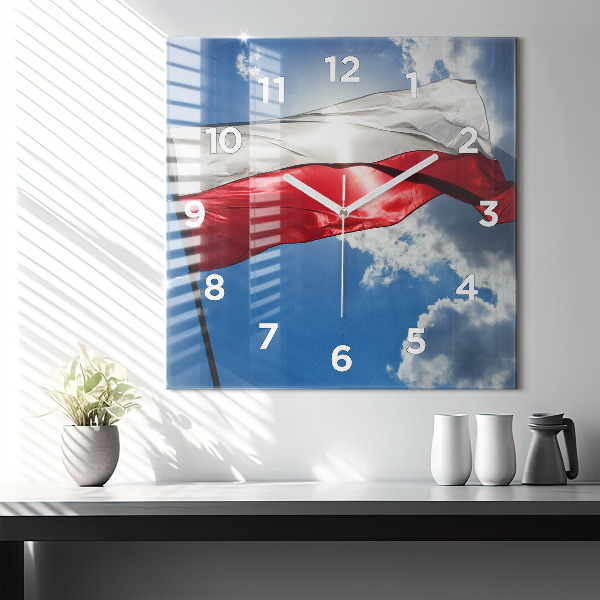 Square glass wall clock The Polish flag against the sky