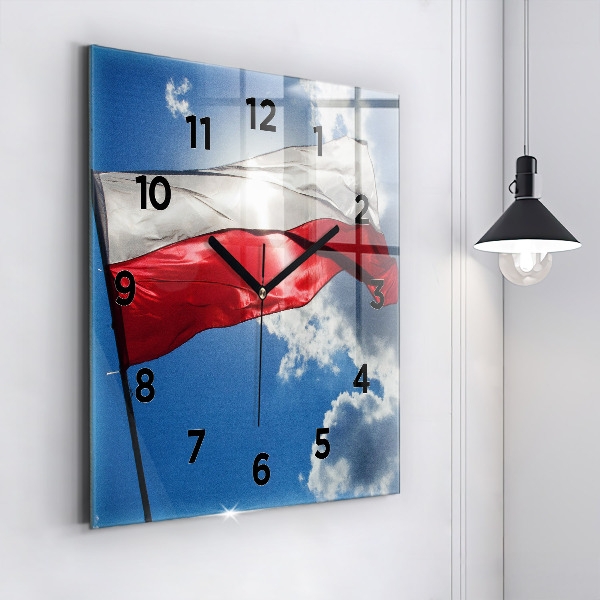 Square glass wall clock The Polish flag against the sky