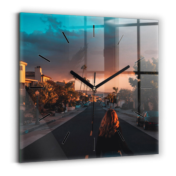 Square glass wall clock Woman on the road