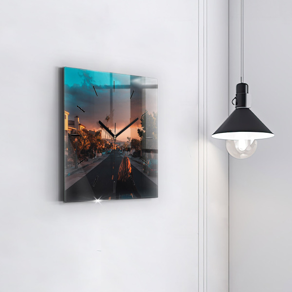 Square glass wall clock Woman on the road