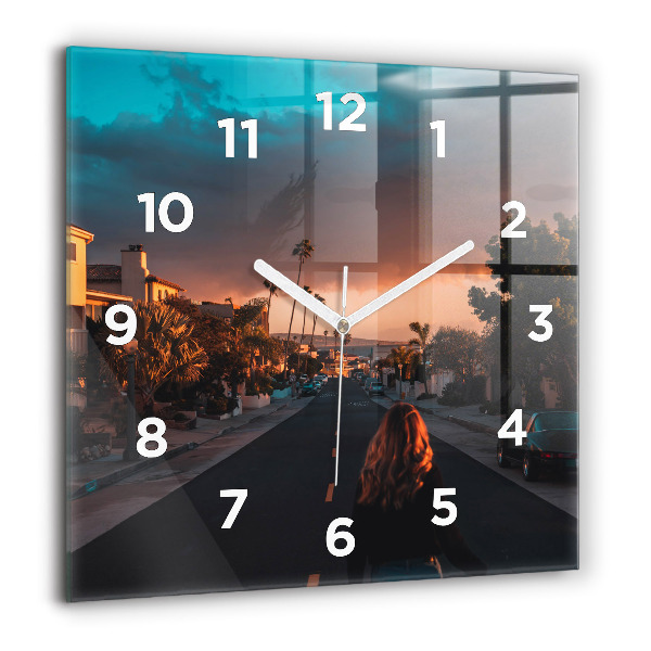 Square glass wall clock Woman on the road