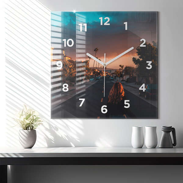 Square glass wall clock Woman on the road