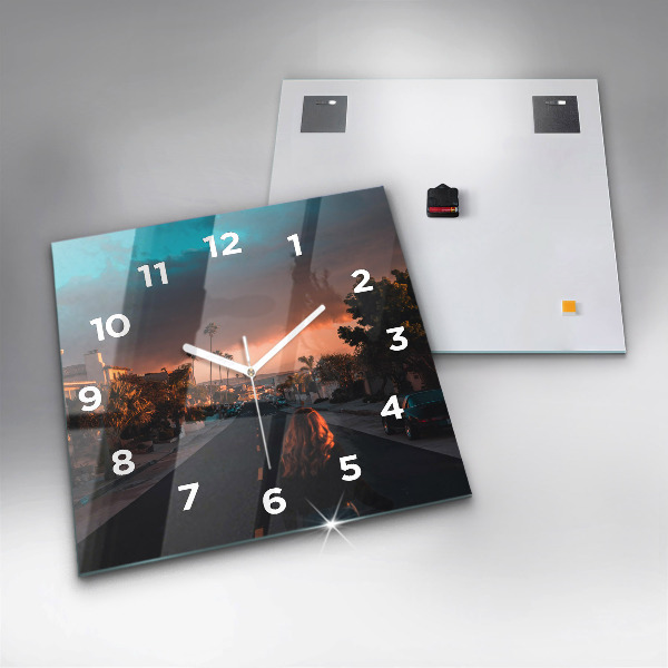 Square glass wall clock Woman on the road