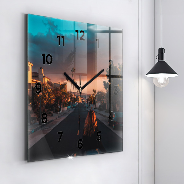 Square glass wall clock Woman on the road
