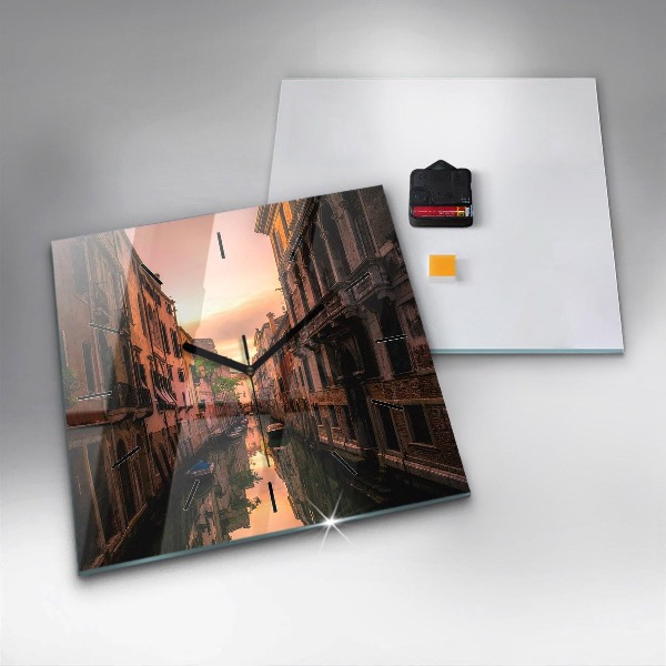 Square glass wall clock View of the canal in the city