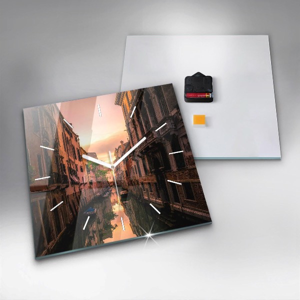 Square glass wall clock View of the canal in the city