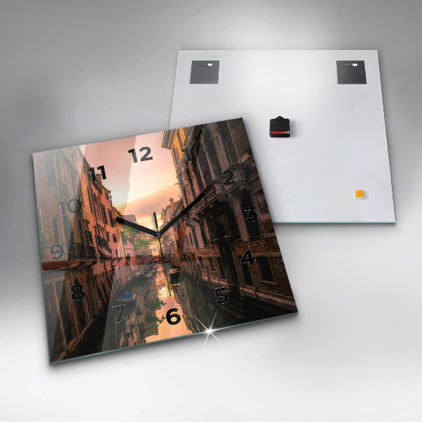 Square glass wall clock View of the canal in the city