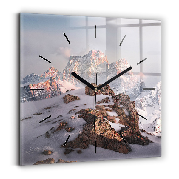 Square glass wall clock A mountain covered in snow