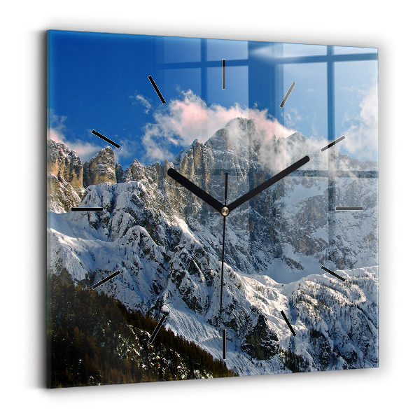 Square glass wall clock Mountains under blue sky