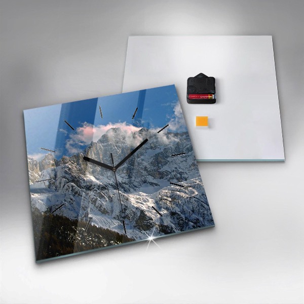 Square glass wall clock Mountains under blue sky