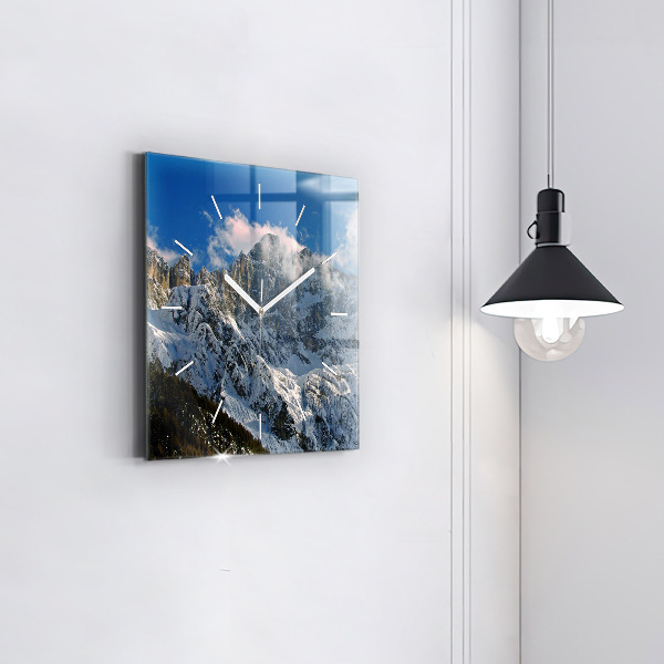 Square glass wall clock Mountains under blue sky