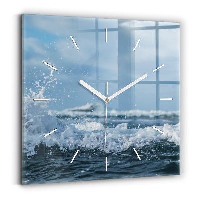 Square glass wall clock Sea wave photography