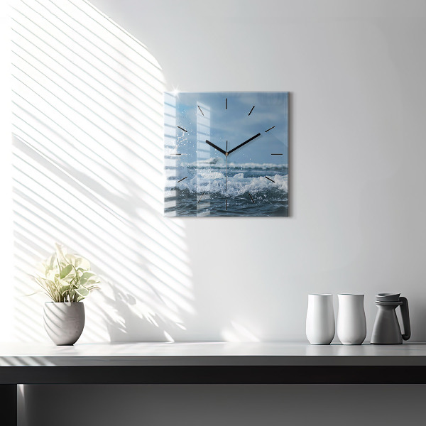 Square glass wall clock Sea wave photography