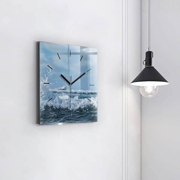 Square glass wall clock Sea wave photography
