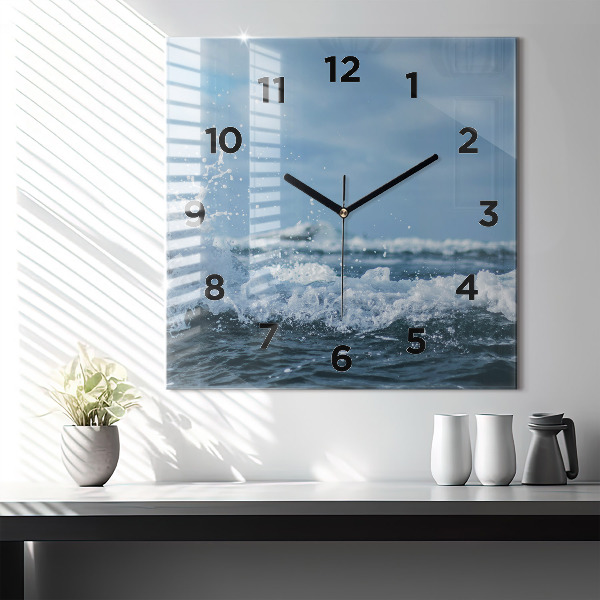 Square glass wall clock Sea wave photography
