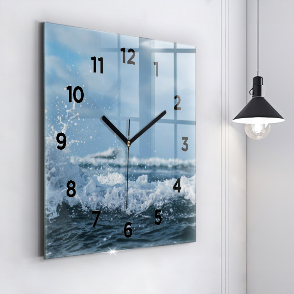 Square glass wall clock Sea wave photography