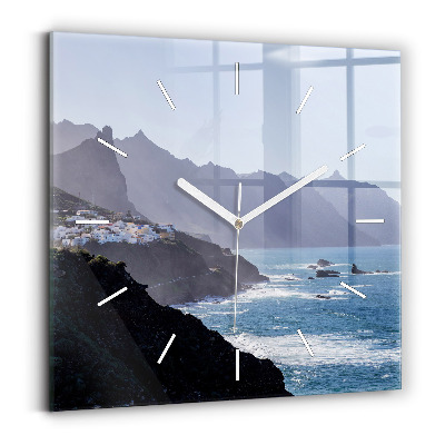 Square glass wall clock Mountains by the ocean