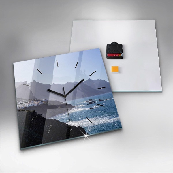 Square glass wall clock Mountains by the ocean