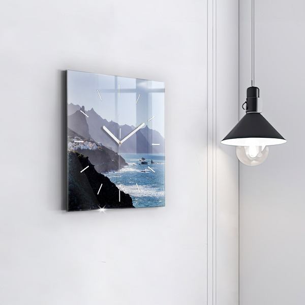 Square glass wall clock Mountains by the ocean