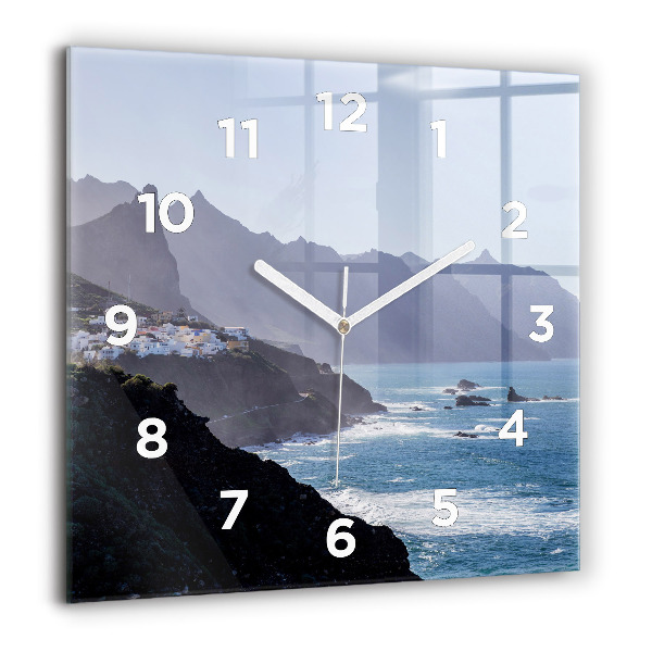 Square glass wall clock Mountains by the ocean