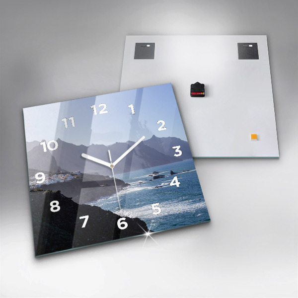 Square glass wall clock Mountains by the ocean