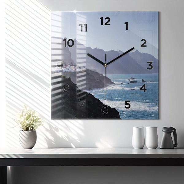 Square glass wall clock Mountains by the ocean