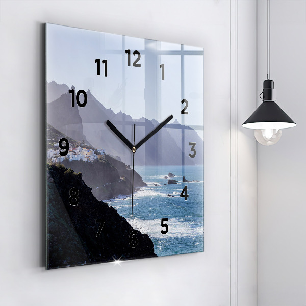 Square glass wall clock Mountains by the ocean