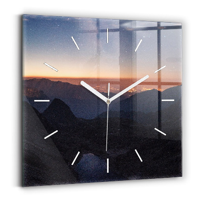 Square glass wall clock Mountains at sunset