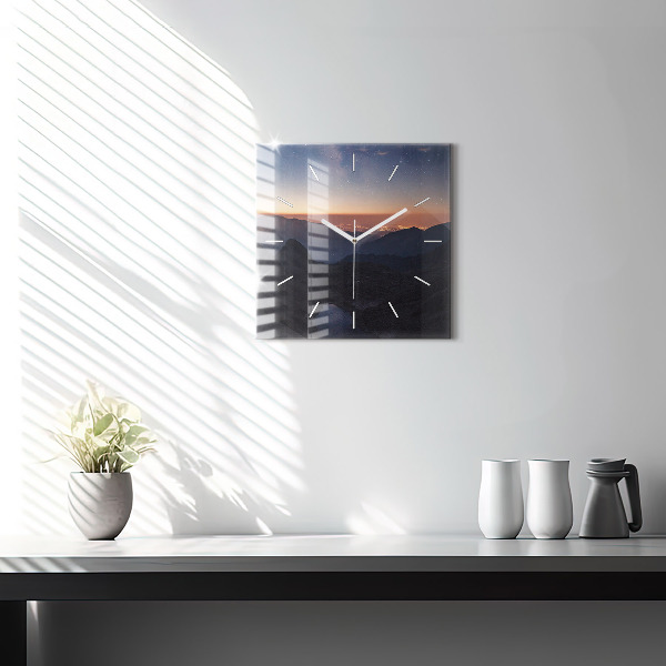 Square glass wall clock Mountains at sunset