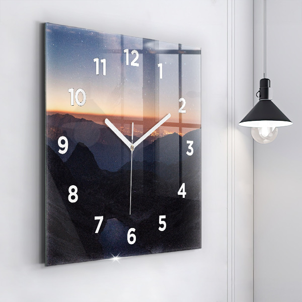 Square glass wall clock Mountains at sunset