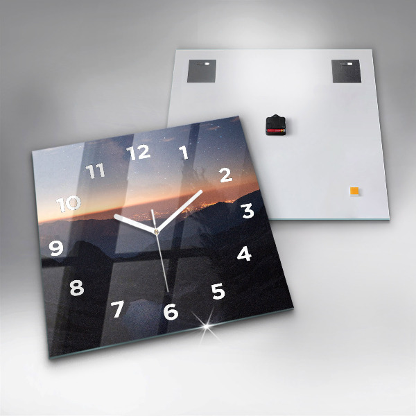Square glass wall clock Mountains at sunset