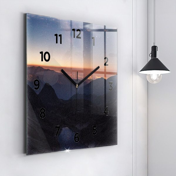 Square glass wall clock Mountains at sunset