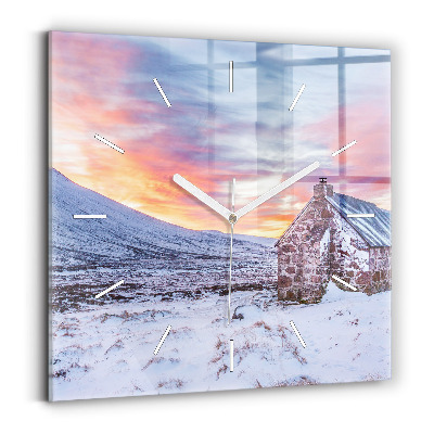 Square glass wall clock Cottage in the mountains