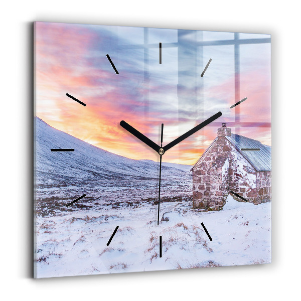 Square glass wall clock Cottage in the mountains