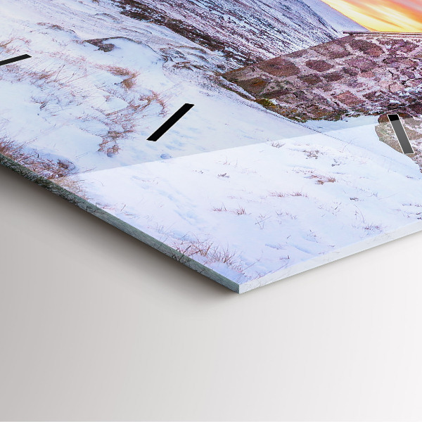 Square glass wall clock Cottage in the mountains