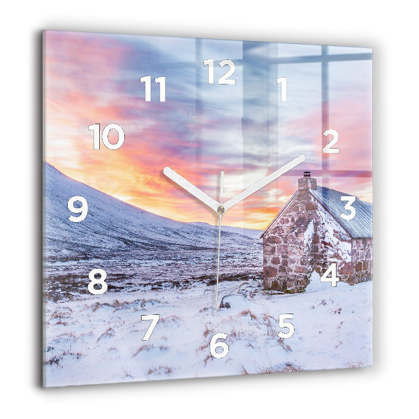 Square glass wall clock Cottage in the mountains