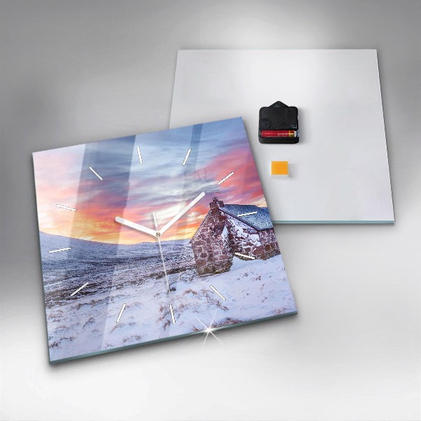 Square glass wall clock Cottage in the mountains